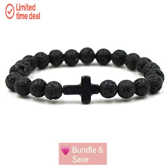 Adjustable Lava Stone Stretch Bracelet Set with Cross Beads for Men Women - Picture 5 of 6